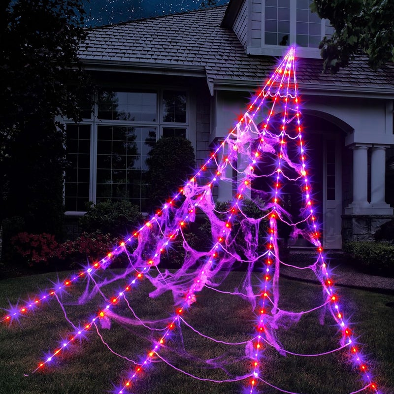 Zivilic Halloween Spider Web Lights 250 LED Lighted Spider Web Giant 16.4Ft Halloween Decorations Light up with 8 Lighting Modes Waterproof & Timer for Outdoor Indoor Yard Haunted House Decor, Purple & Orange - Image 1